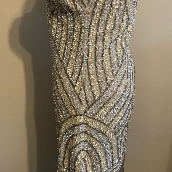 Sold Aidan Mattox Gold Silver Fringe Sequin Dress - Picture 3 of 8